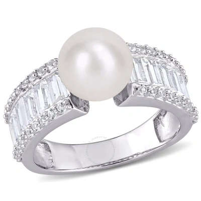 Amour 8-8.5mm Cultured Freshwater Pearl And 2 2/5 Ct Tgw Created White Sapphire Engagement Ring In S