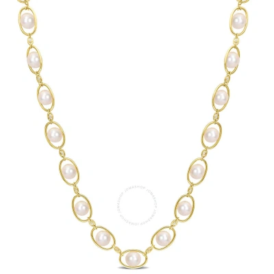 Amour 8-8.5mm Freshwater Cultured Pearl And 1/3 Ct Tgw Cubic Zirconia Oval Link Necklace In 18k Yell In Yellow