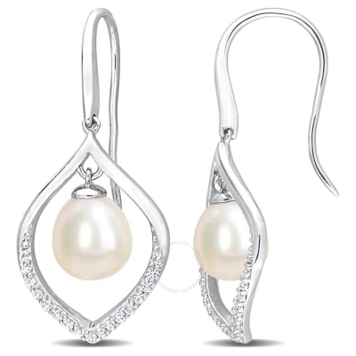 Amour 8-8.5mm Freshwater Cultured Pearl And 1/3 Ct Tgw White Sapphire Open Hook Earrings In Sterling