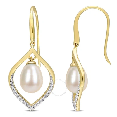 Amour 8-8.5mm Freshwater Cultured Pearl And 1/3 Ct Tgw White Topaz Open Hook Earrings In Yellow Plat In Two-tone