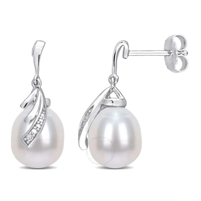 Amour 8-8.5mm Freshwater Cultured Pearl And Diamond Accent Feather Earrings In Sterling Silver In White