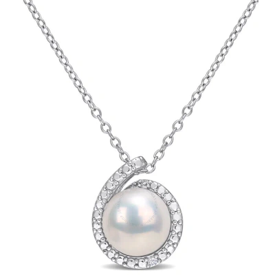 Amour 8-8.5mm Freshwater Cultured Pearl And Diamond Accent Halo Pendant With Chain In Sterling Silve In White