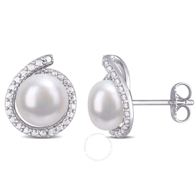 Amour 8-8.5mm Freshwater Cultured Pearl And Diamond Accent Halo Stud Earrings In Sterling Silver In White