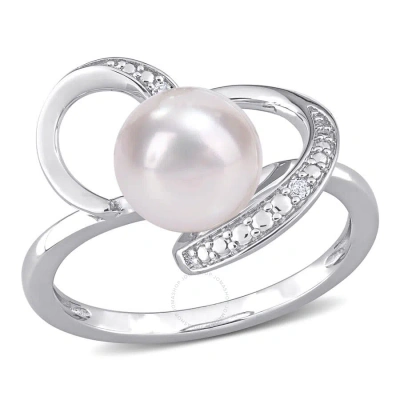 Amour 8-8.5mm Freshwater Cultured Pearl And Diamond Accent Heart Ring In Sterling Silver In White