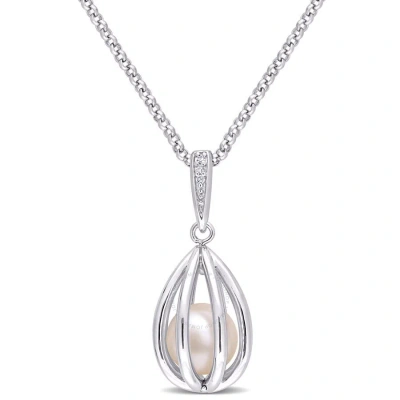 Amour 8-8.5mm Freshwater Cultured Pearl And Diamond Accent Pearl Necklace With Chain In Sterling Sil In White