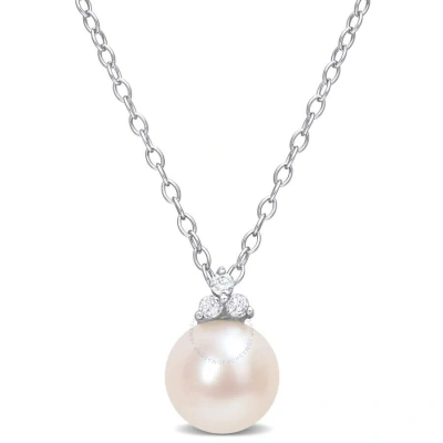Amour 8-8.5mm Freshwater Cultured Pearl And Diamond Accent Pearl Pendant With Chain In Sterling Silv In White