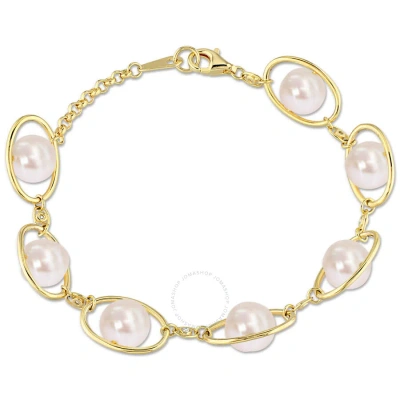 Amour 8-8.5mm Freshwater Pearl & 1/10 Ct Tgw Cubic Zirconia Bracelet In Yellow Plated Sterling Silve