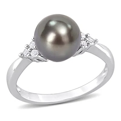 Amour 8-8.5mm Black Tahitian Pearl And 1/8 Ct Tdw Diamond Ring In Sterling Silver In Grey