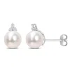 Amour 8-8.5mm Freshwater Cultured Pearl And 1/8 Ct Tw Diamond Pearl Stud Earrings In Sterling Silver In White