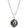 Amour 8-9mm Black Tahitian Cultured Pearl And 1/10 Ct Tgw White Topaz Pendant With Chain In Sterling In White
