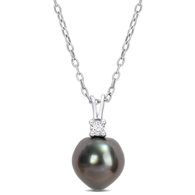Amour 8-9mm Black Tahitian Cultured Pearl And 1/10 Ct Tgw White Topaz Pendant With Chain In Sterling