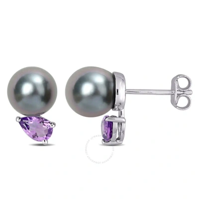 Amour 8-9mm Black Tahitian Cultured Pearl And 3/4 Ct Tgw African Amethyst Stud Earrings In Sterling In White