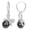 AMOUR AMOUR 8-9MM BLACK TAHITIAN CULTURED PEARL AND DIAMOND ACCENT BOW LEVERBACK EARRINGS IN STERLING SILV