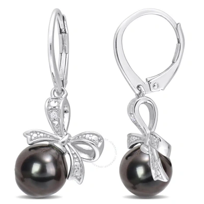 Amour 8-9mm Black Tahitian Cultured Pearl And Diamond Accent Bow Leverback Earrings In Sterling Silv In White