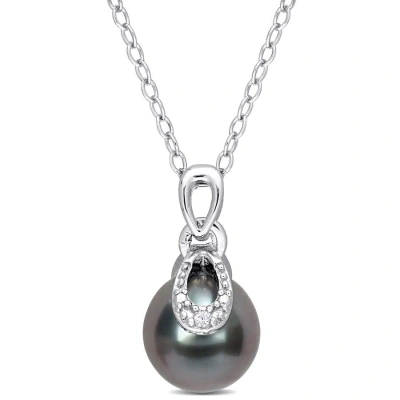 Amour 8-9mm Black Tahitian Cultured Pearl And Diamond Accent Drop Pendant With Chain In Sterling Sil In White