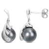 AMOUR AMOUR 8-9MM BLACK TAHITIAN CULTURED PEARL AND DIAMOND ACCENT FEATHER EARRINGS IN STERLING SILVER