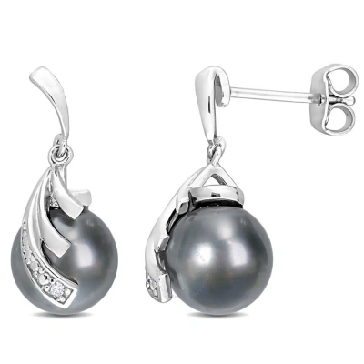 Amour 8-9mm Black Tahitian Cultured Pearl And Diamond Accent Feather Earrings In Sterling Silver In White