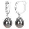 Amour 8-9mm Black Tahitian Cultured Pearl And Diamond Accent Infinity Huggie Earrings In Sterling Si In White