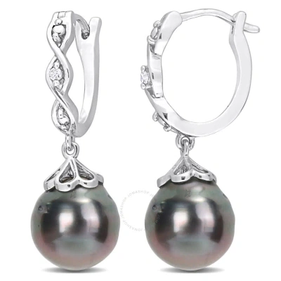 Amour 8-9mm Black Tahitian Cultured Pearl And Diamond Accent Infinity Huggie Earrings In Sterling Si In Gray