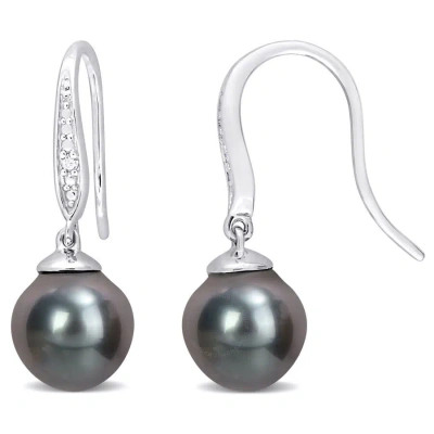Amour 8-9mm Black Tahitian Cultured Pearl And Diamond Accent Shepherd Hook Earrings In Sterling Silv In White