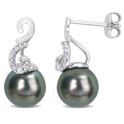 Amour 8-9mm Black Tahitian Cultured Pearl And Diamond Accent Swirl Drop Stud Earrings In Sterling Si In White