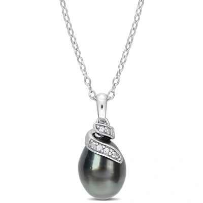 Amour 8-9mm Black Tahitian Cultured Pearl And Diamond Accent Swirl Pendant With Chain In Sterling Si In White