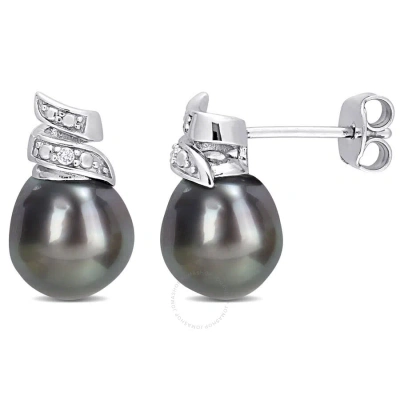 Amour 8-9mm Black Tahitian Cultured Pearl And Diamond Accent Swirl Stud Earrings In Sterling Silver In White