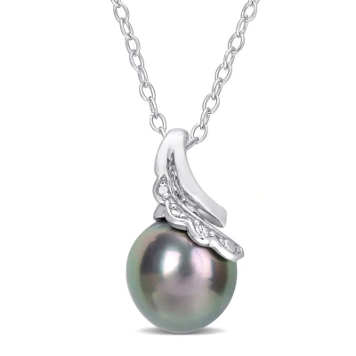Amour 8-9mm Black Tahitian Cultured Pearl And Diamond Accent Twisted Pendant With Chain In Sterling  In White