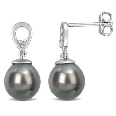 Amour 8-9mm Black Tahitian Cultured Pearl And White Topaz Drop Earrings In Sterling Silver