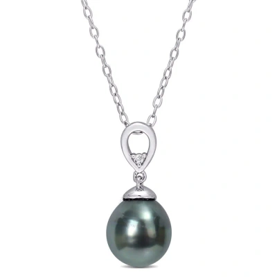 Amour 8-9mm Black Tahitian Cultured Pearl And White Topaz Drop Pendant With Chain In Sterling Silver