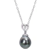 Amour 8-9mm Black Tahitian Cultured Pearl And White Topaz Heart Drop Pendant With Chain In Sterling  In White