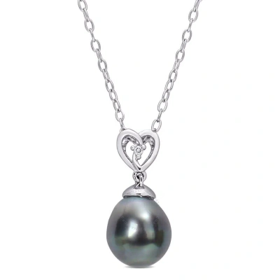 Amour 8-9mm Black Tahitian Cultured Pearl And White Topaz Heart Drop Pendant With Chain In Sterling