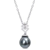 Amour 8-9mm Black Tahitian Cultured Pearl And White Topaz Lozenge Drop Pendant With Chain In Sterlin In White