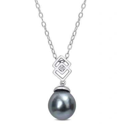 Amour 8-9mm Black Tahitian Cultured Pearl And White Topaz Lozenge Drop Pendant With Chain In Sterlin
