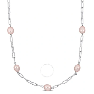 Amour 8-9mm Pink Cultured Freshwater Pearl Station Necklace In Sterling Silver In Metallic