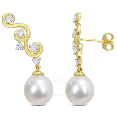 Amour 8-9mm South Sea Cultured Pearl And 5/8 Ct Tgw Created White Sapphire Infinity Drop Earrings In In Yellow