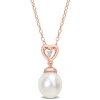 Amour 8-9mm South Sea Cultured Pearl And White Topaz Drop Pendant With Chain In Rose Plated Sterling In Pink