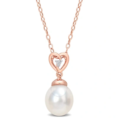 Amour 8-9mm South Sea Cultured Pearl And White Topaz Drop Pendant With Chain In Rose Plated Sterling In Pink