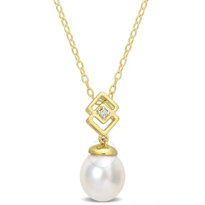 Amour 8-9mm South Sea Cultured Pearl And White Topaz Drop Pendant With Chain In Yellow Plated Sterli In Gold