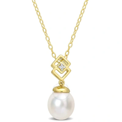 Amour 8-9mm South Sea Cultured Pearl And White Topaz Drop Pendant With Chain In Yellow Plated Sterli