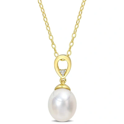 Amour 8-9mm South Sea Cultured Pearl And White Topaz Drop Pendant With Chain In Yellow Plated Sterli