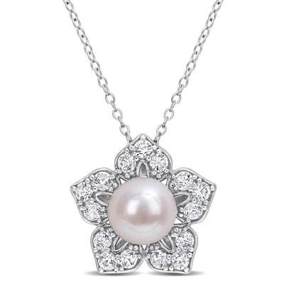 Amour 8-9mm White Freshwater Cultured Pearl And 1 1/3ct Tgw Created White Sapphire Flower Pendant Wi