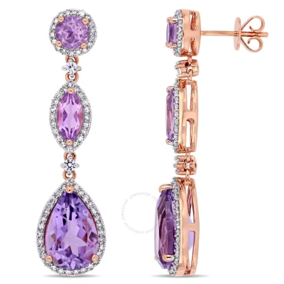 Amour 8 Ct Tgw Amethyst Rose De France White Sapphire And 5/8 Ct Tw Diamond Geometric Teardrop Dangl In Pink