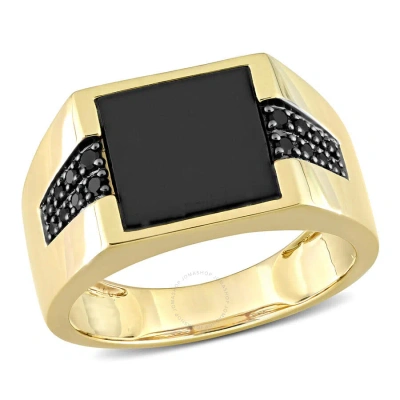 Amour 8 Ct Tgw Black Onyx And 1/6 Ct Tw Black Diamond Men's Ring In 10k Yellow Gold