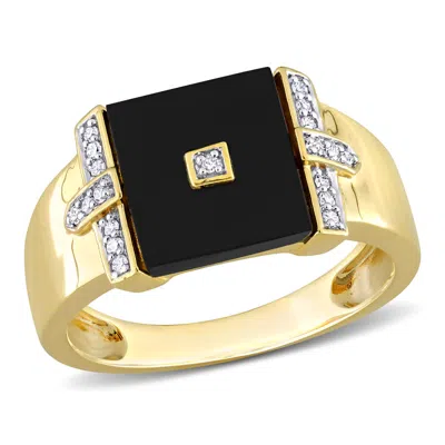 Amour 8 Ct Tgw Square Black Onyx And 1/10 Ct Tw Diamond Men's Ring In Yellow Plated Sterling Silver In ["yellow"]