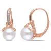 AMOUR AMOUR 8 MM WHITE CULTURED FRESHWATER PEARL AND DIAMOND LEVERBACK TWIST EARRINGS IN ROSE PLATED STERL