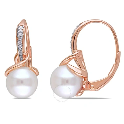 Amour 8 Mm White Cultured Freshwater Pearl And Diamond Leverback Twist Earrings In Rose Plated Sterl In Gold