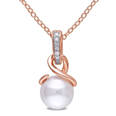 Amour 8 Mm White Cultured Freshwater Pearl And Diamond Twist Pendant With Chain In Rose Plated Sterl In Pink