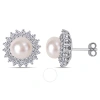 AMOUR AMOUR 8.5 - 9 MM CULTURED FRESHWATER PEARL AND 1 5/8 CT TGW CUBIC ZIRCONIA FLORAL HALO STUD EARRINGS