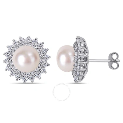 Amour 8.5 - 9 Mm Cultured Freshwater Pearl And 1 5/8 Ct Tgw Cubic Zirconia Floral Halo Stud Earrings In White